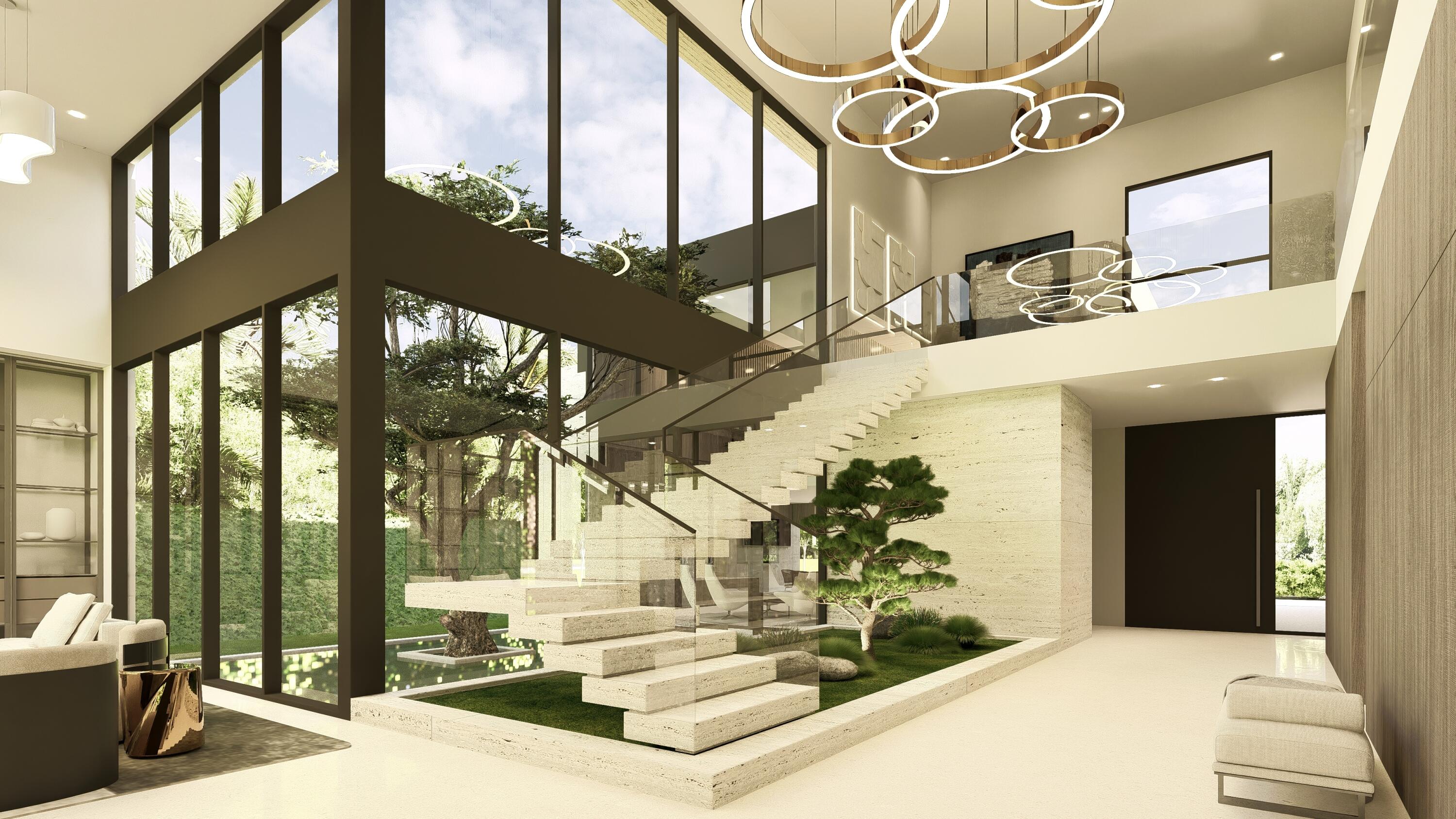 Olive-tree courtyard with reflection pool and floating travertine staircase