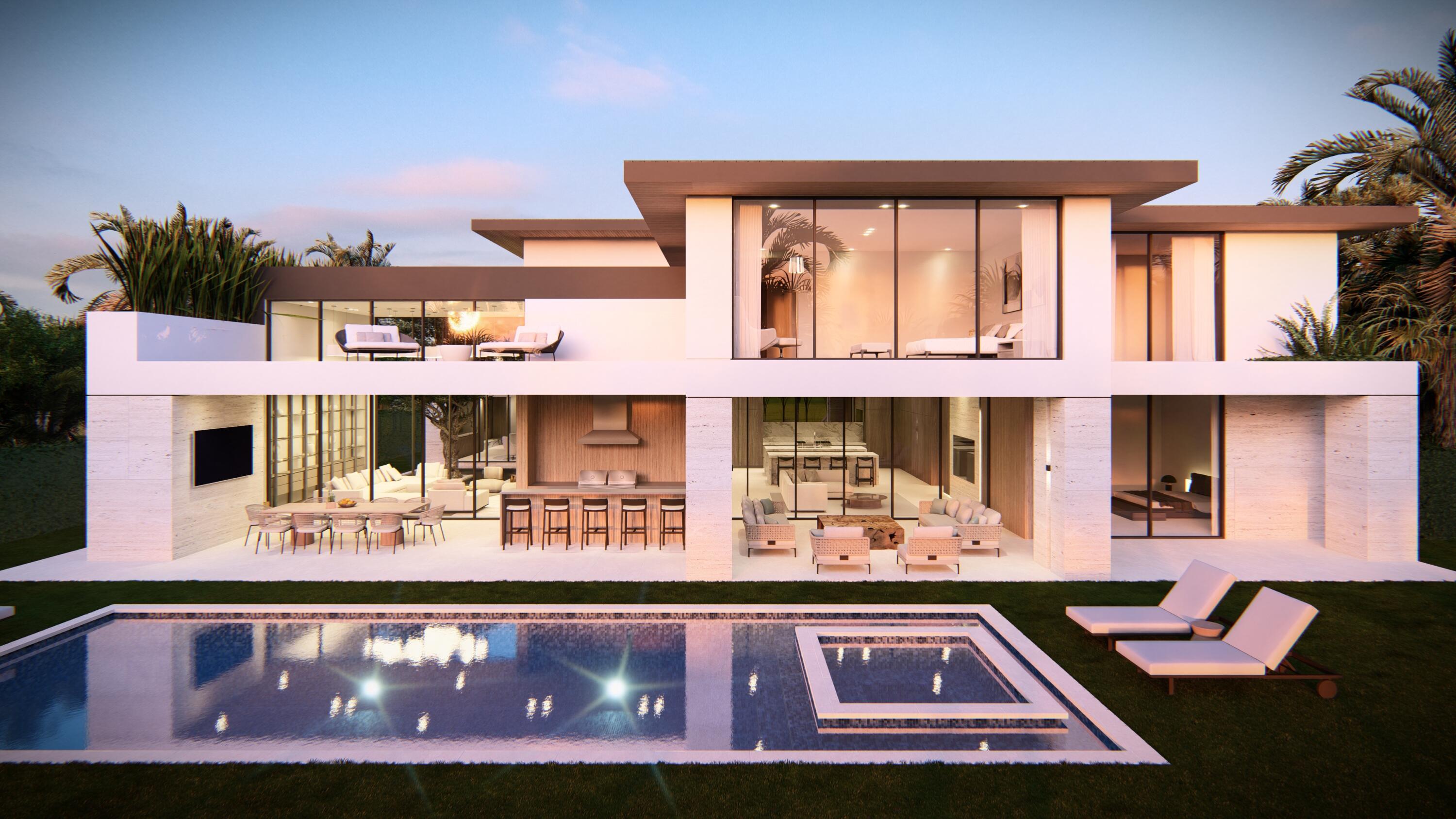 Rear loggia and pool at twilight